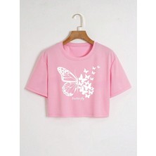 Over Head Kadın Siyah Butterfly Baskılı Oversıze Crop