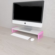 3 Boyutlu Hepsi Monitör Yükseltici Model No : 1 - Pembe Bilgisayar Ekran Yükseltici - Pembe Renkli Altıgen Desenli Tasarım - Beyaz Mdflam