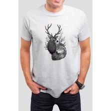 T-35 Geyik ve Kurt Baskılı Beyaz  Tişört C722