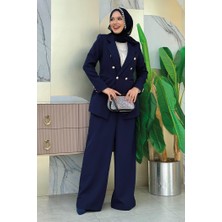 Bym Fashion Düğme Detay Blazer Ceket Bol Pantolon Takım 8302 Lacivert