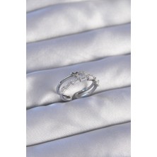 Clariss Pirinç Gümüş Renk Zirkon Taşlı Kalpli 2li Görünüm Ayarlanabilir Yüzük