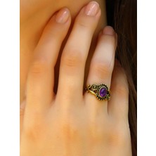 Esha Store Doğal Taş Ametist Doğal Taşlı Antik Işlemeli Ayarlanabilir Kadın Yüzük EUY36AT