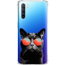 Printify Oppo Reno 3 Uyumlu Kedi 3 Baskılı Şeffaf Köşe Korumalı Antişok Kılıf