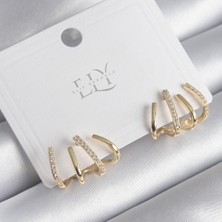 Ely Shop Zirkon Taşlı Çatal Model Gold Renk Kadın Küpe