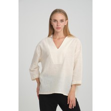 Alexander Gardi Alexandergardı V Polo Yaka Ince Keten Oversize Bluz (B24-002)