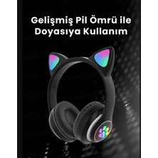 Qasul Kablosuz Kedi Kulaklık Işıklı Kulak Üstü Mikrofonlu Bluetooth Hafıza Kartı Girişli Çocuk Kulaklığı