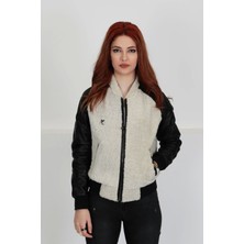 By Marki Marki  Deri Ceket, Taba Kürk Detaylı Bomber, Kolej Stili, Fit Ceket, Fermuar Kapamalı, Mont - 100622