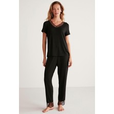 Kadın Kısa Kol Dantelli Siyah  Pijama Takımı C6T5N4O9