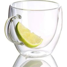 Kitchen Design Lab Yeni Tasarım Çift Cidarlı 250 ml Kulplu Cam Bardak, Neskafe Fincanı, Çay Kupası, 6 Adet 2037