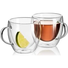 Kitchen Design Lab Yeni Tasarım Çift Cidarlı 250 ml Kulplu Cam Bardak, Neskafe Fincanı, Çay Kupası, 6 Adet 2037
