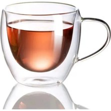 Kitchen Design Lab Yeni Tasarım Çift Cidarlı 250 ml Kulplu Cam Bardak, Neskafe Fincanı, Çay Kupası, 6 Adet 2037