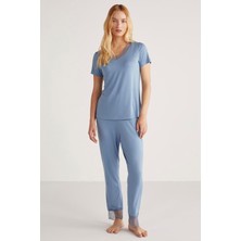 Penye Mood Kadın Kısa Kol Dantelli Indigo Pijama Takımı C6T5N4O9