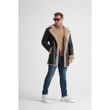 By Marki Marki Lüks Erkek Deri Kaban, 90 cm Uzunluk, Hakiki Kürk Yaka, Premium Siyah Dış Yüzey - 500522