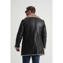 By Marki Marki Lüks Erkek Deri Kaban, 90 cm Uzunluk, Hakiki Kürk Yaka, Premium Siyah Dış Yüzey - 500522