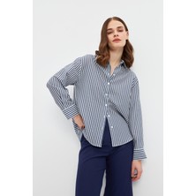 Stella Pulvis Lacivert Oversize Çizgili Gömlek