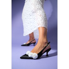 Luvi Alexa Siyah Saten Beyaz Çiçekli Kadın Topuklu Ayakkabı