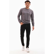 Erkek Koyu Gri Renk Mare Jaker Kumaş Bisiklet Yaka Uzun Kol Gögüste Şerit Nakış Sweatshirt - 7657