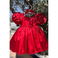 Bertuğ Bebek Saten Midi Kız Çocuk Bebek Kırmızı Balon Kol Abiye Elbise