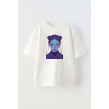 Nmg Tekstil Unisex Beyaz Oversize Pamuk Pembe Gözlü Kız Desen Baskılı Örme T-Shirt