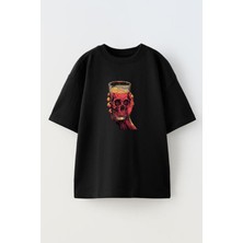 Nmg Tekstil Unisex Siyah Oversize Pamuk Kurukafa Bardak Baskılı Örme T-Shirt