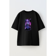 Nmg Tekstil Unisex Siyah Oversize Pamuk Mor Kanatlı Kız Baskılı Örme T-Shirt