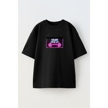 Nmg Tekstil Unisex Siyah Oversize Pamuk Never Give Bar Baskılı Örme T-Shirt