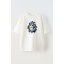 Nmg Tekstil Unisex Beyaz Oversize Pamuk Pokemon Squrtiel Baskılı Örme T-Shirt