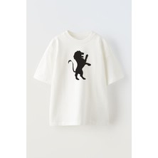 Nmg Tekstil Unisex Beyaz Oversize Pamuk Aslan Logo Baskılı Örme T-Shirt