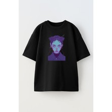 Nmg Tekstil Unisex Siyah Oversize Pamuk Pembe Gözlü Kız Desen Baskılı Örme T-Shirt