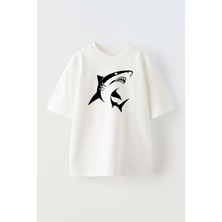 Nmg Tekstil Unisex Beyaz Oversize Pamuk Köpek Balığı Baskılı Örme T-Shirt