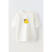 Nmg Tekstil Unisex Beyaz Oversize Pamuk Oyuncak Sarı Oyuncak Baskılı Örme T-Shirt