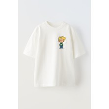 Nmg Tekstil Unisex Beyaz Oversize Pamuk Cedric Ufak Baskı Baskılı Örme T-Shirt