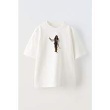 Nmg Tekstil Unisex Beyaz Oversize Pamuk Karayip Çizim Karikatür Baskılı Örme T-Shirt