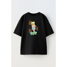 Nmg Tekstil Unisex Siyah Oversize Pamuk Süngerbob Square Baskılı Örme T-Shirt