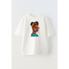 Nmg Tekstil Unisex Beyaz Oversize Pamuk Brazilyafönlü Siyahi Kız Baskılı Örme T-Shirt