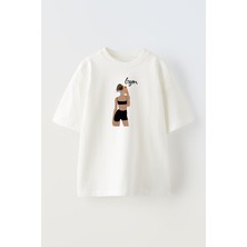 Nmg Tekstil Unisex Beyaz Oversize Pamuk Croplu Kız Gym Pozu Baskılı Örme T-Shirt