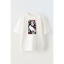 Nmg Tekstil Unisex Beyaz Oversize Pamuk Röfleli Saç Kadın Baskılı Örme T-Shirt