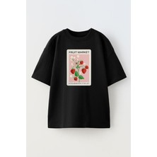 Nmg Tekstil Unisex Siyah Oversize Pamuk Fruit Market Baskılı Örme T-Shirt
