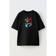 Nmg Tekstil Unisex Siyah Oversize Pamuk Renkli Boya Taç Baskılı Örme T-Shirt