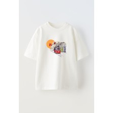 Nmg Tekstil Unisex Beyaz Oversize Pamuk Taksim Tramvay Istanbul Baskılı Örme T-Shirt
