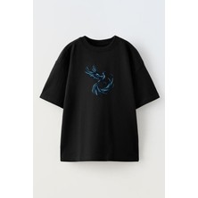 Nmg Tekstil Unisex Siyah Oversize Pamuk Anka Gölge Baskılı Örme T-Shirt