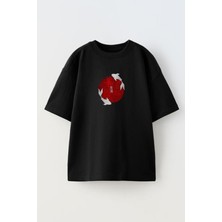 Nmg Tekstil Unisex Siyah Oversize Pamuk Japon Balina Dünya Baskılı Örme T-Shirt