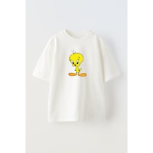 Nmg Tekstil Unisex Beyaz Oversize Pamuk Tweety Sarı Baskılı Örme T-Shirt