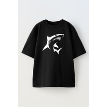 Nmg Tekstil Unisex Siyah Oversize Pamuk Köpek Balığı Baskılı Örme T-Shirt