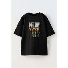 Nmg Tekstil Unisex Siyah Oversize Pamuk New York Yazı Baskılı Örme T-Shirt