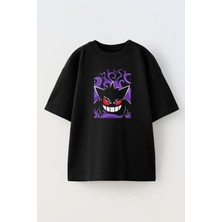 Nmg Tekstil Unisex Siyah Oversize Pamuk Mor Gınger Pokemon Baskılı Örme T-Shirt