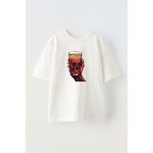 Nmg Tekstil Unisex Beyaz Oversize Pamuk Kurukafa Bardak Baskılı Örme T-Shirt