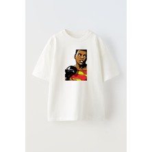 Nmg Tekstil Unisex Beyaz Oversize Pamuk Muhammed Ali Süperman Baskılı Örme T-Shirt