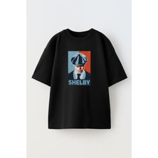 Nmg Tekstil Unisex Siyah Oversize Pamuk Kasket Shelby Baskılı Örme T-Shirt