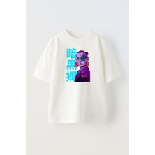 Nmg Tekstil Unisex Beyaz Oversize Pamuk Japon Korsan Kadın Baskılı Örme T-Shirt